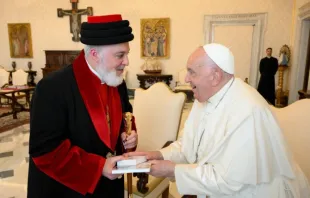 O papa Francisco recebe o patriarca da Igreja Assíria do Oriente Mar Awa III no Vaticano em 9 de novembro de 2024.