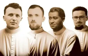 Da esquerda para a direita os quatro novos beatos: o irmão Vittorio Faccin; e os padres Luigi Carrara, Albert Joubert e Giovanni Didonè