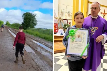 Maximiliano caminhando na lama para chegar à paróquia/O menino recebendo reconhecimento do papa Francisco