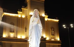 Nossa Senhora de Lourdes e, ao fundo, a catedral de Apucarana