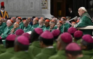 Papa Francisco fala aos bispos reunidos na basílica de São Pedro, no Vaticano, para a missa de encerramento do Sínodo da Sinodalidade hoje (27)