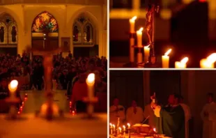 Missa à luz de velas na histórica capela de São José, na Universidade Católica de Lille, na França.