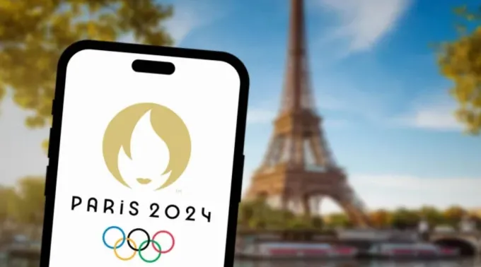 Logotipo das Olimpíadas Paris 2024 com a Torre Eiffel ao fundo ?? 