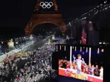 Delegações chegam ao Trocadero enquanto espectadores assistem a apresentação do cantor francês Philippe Katerine em uma tela gigante durante a cerimônia de abertura das Olimpíadas Paris 2024 em  26 de julho de 2024.