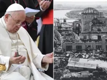 Papa Francisco em vigília ecumênica de oração na praça de São Pedro, no Vaticano, em 30 de setembro de 2023. / Destruição causada pela bomba atômica em Hiroshima, Japão, em 6 de agosto de 1945.