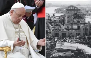 Papa Francisco em vigília ecumênica de oração na praça de São Pedro, no Vaticano, em 30 de setembro de 2023. / Destruição causada pela bomba atômica em Hiroshima, Japão, em 6 de agosto de 1945.