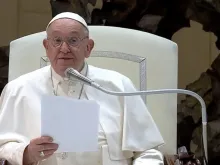 Papa Francisco fala a fiéis hoje (21) em audiência geral na Aula Paulo VI, no Vaticano.