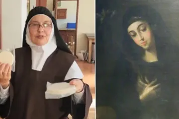 Madre Verônica da Santa Fé e retrato de santa Mariana de Jesus.