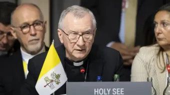 O secretário de Estado da Santa Sé, cardeal Pietro Parolin, participa de sessão plenária na Cúpula sobre a Paz na Ucrânia no resort Burgenstock, perto de Lucerna, Suíça, em 16 de junho de 2024.