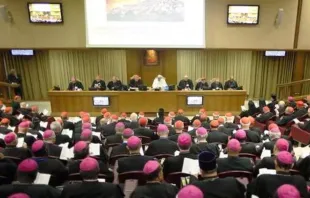 Papa Francisco na sessão de abertura do Sínodo da Família no Salão Sinodal, no Vaticano, em 5 de outubro de 2015, 12 dias antes de seu discurso anunciando o Sínodo da Sinodalidade.