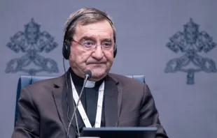 O eparca católico maronita de Batroun, Líbano, dom Mounir Khairallah, na entrevista coletiva diária do Sínodo da Sinodalidade no sábado (5), no Vaticano.