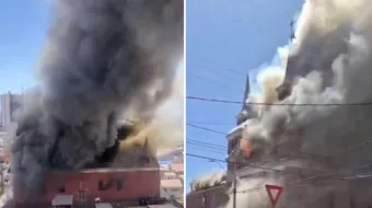 Igreja histórica de Santo Antônio de Pádua em Iquique, Chile, envolta em chamas.