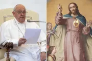 Papa Francisco em audiência geral ontem (23)na praça de São Pedro, no Vaticano. em 23 de outubro de 2024. Uma pintura de altar do Sagrado Coração de Jesus por Francesco de Rhoden na basílica do Sagrado Coração de Jesus em Roma, Itália.