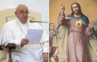 Papa Francisco em audiência geral ontem (23)na praça de São Pedro, no Vaticano. em 23 de outubro de 2024. Uma pintura de altar do Sagrado Coração de Jesus por Francesco de Rhoden na basílica do Sagrado Coração de Jesus em Roma, Itália.