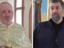 O padre Ivan Levystky (à esquerda) e o padre Bohdan Geleta (à direita) foram mantidos presos por mais de um ano depois de serem capturados por russos em Berdyansk, Rússia, até serem libertados em 28 de junho de 2024.