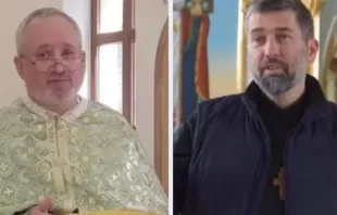 O padre Ivan Levystky (à esquerda) e o padre Bohdan Geleta (à direita) foram mantidos presos por mais de um ano depois de serem capturados por russos em Berdyansk, Rússia, até serem libertados em 28 de junho de 2024.