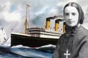 Foto de santa Francisca Xavier Cabrini (1880) e pintura "The Steamship Titanic" (1913), de Harry J. Jansen.