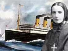 Foto de santa Francisca Xavier Cabrini (1880) e pintura "The Steamship Titanic" (1913), de Harry J. Jansen.