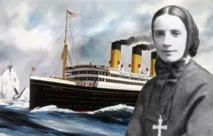 Foto de santa Francisca Xavier Cabrini (1880) e pintura "The Steamship Titanic" (1913), de Harry J. Jansen.