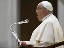 Papa Francisco fala a peregrinos na Aula Paulo VI, no Vaticano.