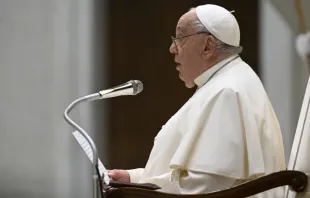 Papa Francisco fala a peregrinos na Aula Paulo VI, no Vaticano.