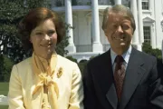 O ex-presidente dos EUA, Jimmy Carter, com sua mulher Rosalynn na Casa Branca, em Washington D.C., EUA.