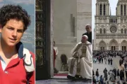 Carlo Acutis (à esquerda), Papa Francisco abre a porta santa na basílica de São Pedro (centro), reabertura da catedral de Notre Dame (à direita).