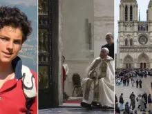 Carlo Acutis (à esquerda), Papa Francisco abre a porta santa na basílica de São Pedro (centro), reabertura da catedral de Notre Dame (à direita).