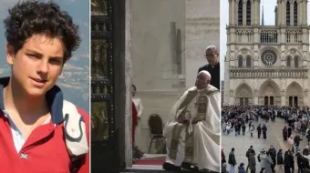 Carlo Acutis (à esquerda), Papa Francisco abre a porta santa na basílica de São Pedro (centro), reabertura da catedral de Notre Dame (à direita).