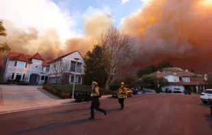 Bombeiros correm enquanto incêndio florestal atinge ontem (7) Pacific Palisades, Califórnia, EUA.  Um incêndio florestal de rápido avanço num subúrbio de Los Angeles queimou prédios e causou evacuações enquanto ventos "com risco de morte" atingiam a região.