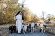 Freira das cônegas norbertinas do Priorado de São José de Belém caminha com alguns cães do priorado, criados como parte do programa de criação de cães do priorado este ano.