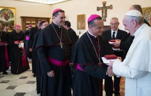 Dom Fabio Colindres saúda o Papa Francisco durante a audiência com os bispos de El Salvador.