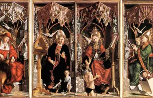 São Jerônimo de Estridão, santo Agostinho, são Gregório Magno, santo Ambrósio de Milão. Michael Pacher: Altarpiece of the Church Fathers - Domínio público