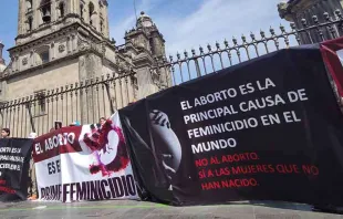 Cartazes pró-vida do lado de fora da Catedral Metropolitana do México durante a marcha feminista de 8 de março. Crédito: David Ramos