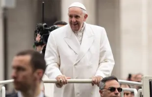 Papa saúda os fiéis no papamóvel antes da audiência.