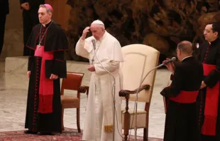 Papa Francisco na audiência geral de hoje na Sala Paulo VI.