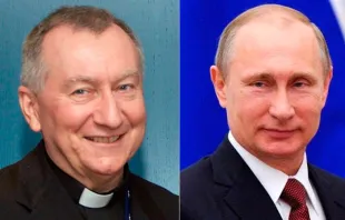 Cardeal Pietro Parolin e Vladimir Putin. Fotos: Wikipédia domínio público