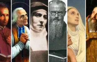 Da esquerda para a direita: santo Afonso Maria de Ligório, são João Maria Vianney, santa Edith Stein, são Maximiliano Kolbe, santa Mônica, santo Agostinho