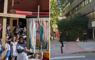 Pessoas rezam o terço em frente à empresa de aborto Dator